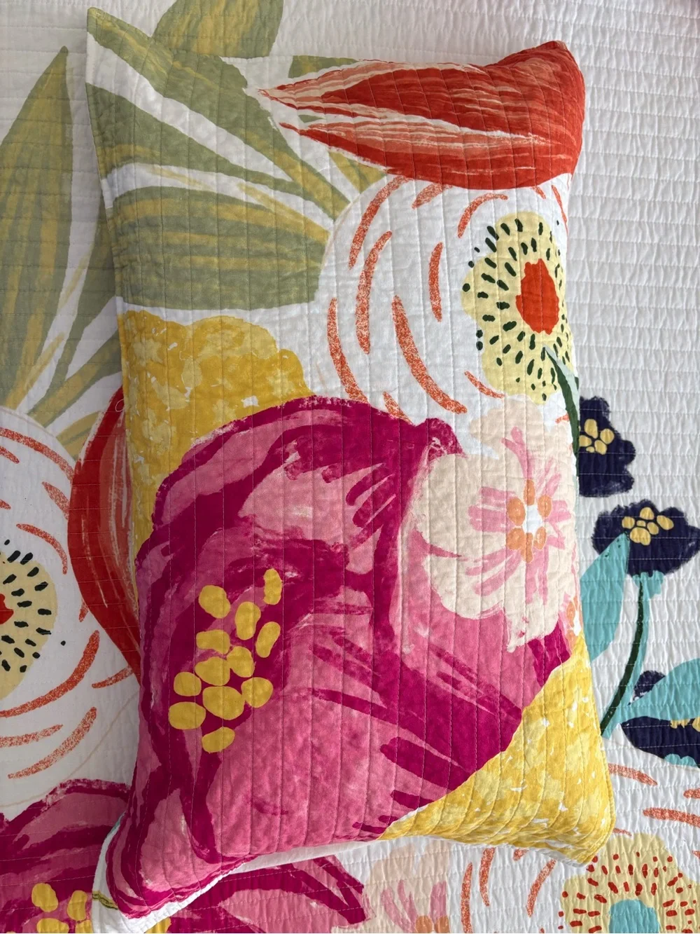 Floral Quilted 4 piece Bedspread set in White with Pink, Yellow & Green